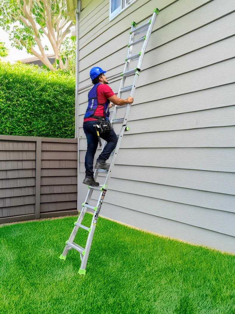 Louisville Ladder multipurpose ladder set up in the straight ladder position against a house exterior