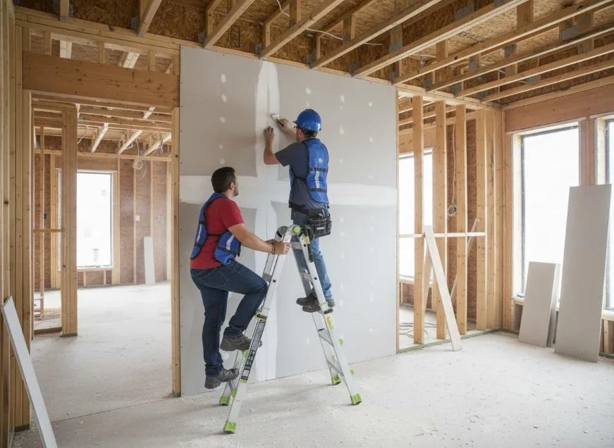 Two workers using a Louisville Ladder multipurpose ladder in the twin position to hang drywall