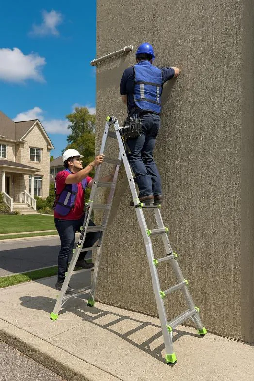 Two workers using Louisville Ladder multipurpose ladders on a residential job site